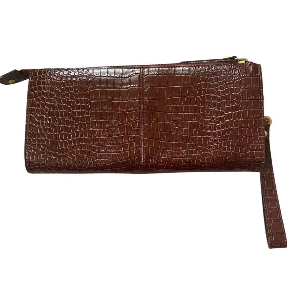Talbots women's brown genuine leather zip clutch wristlet bag purse cardholder
